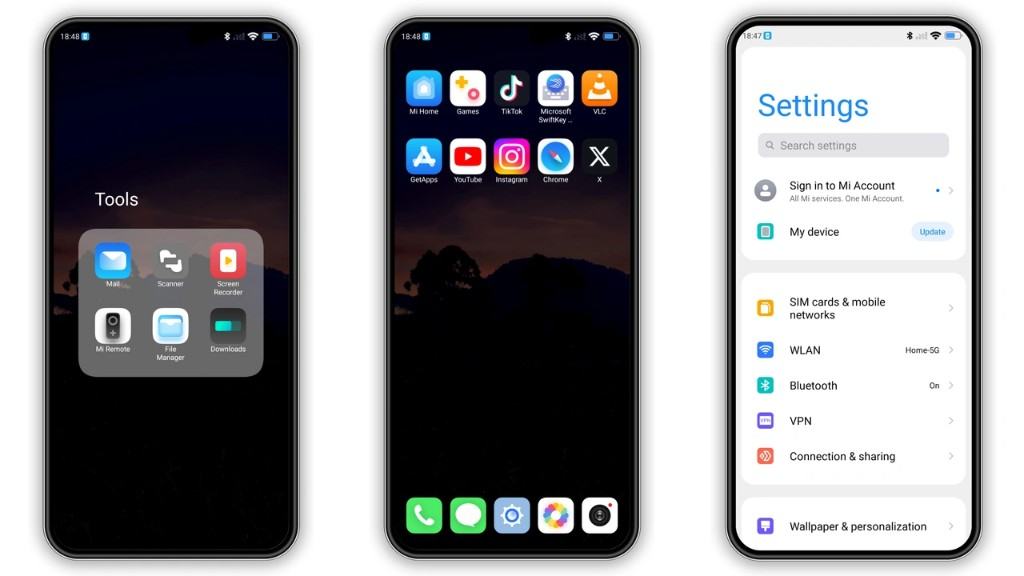 Ascalutak theme tools, app drawer, and settings on the dusk wallpaper